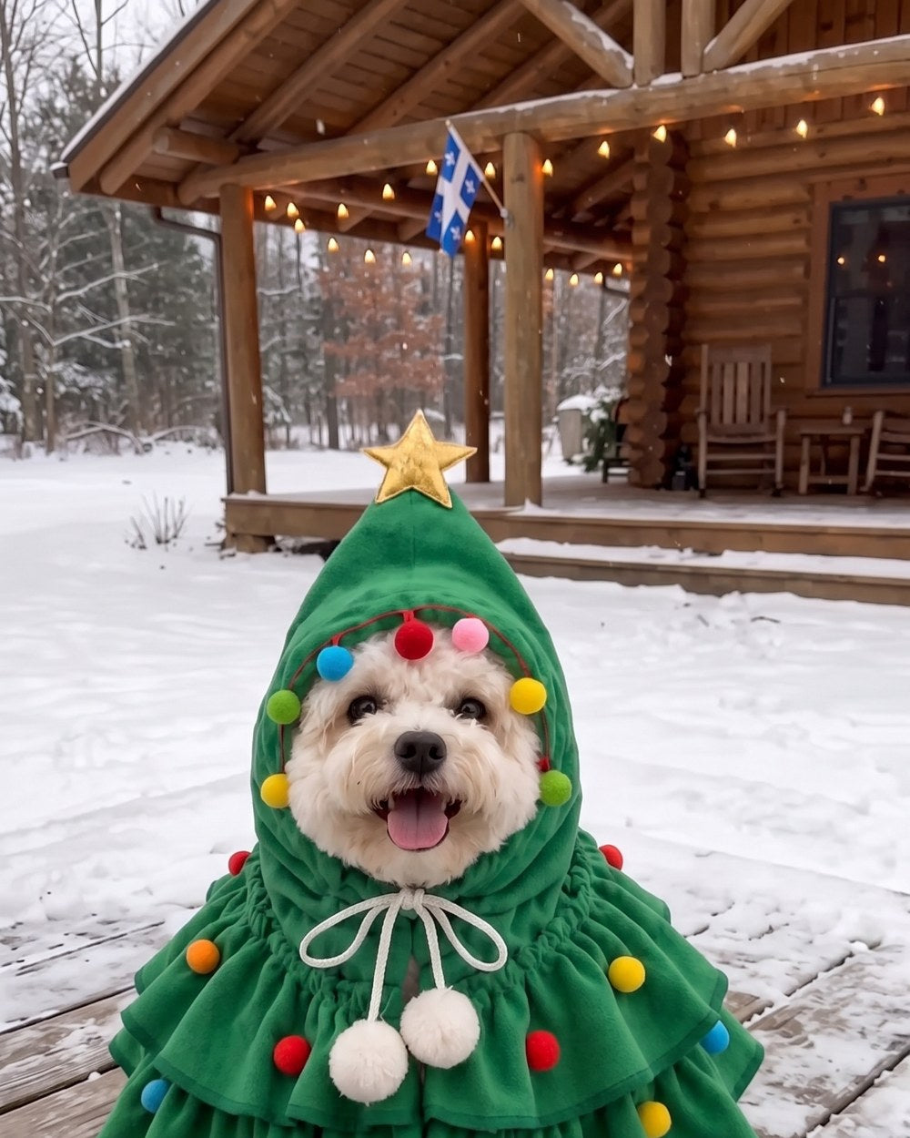 Petit chien en cape sapin devant un chalet enneigé avec le drapeau du Québec